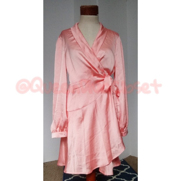 Peach pink coral satin wrap peplum flare dress 12 - Picture 2 of 6